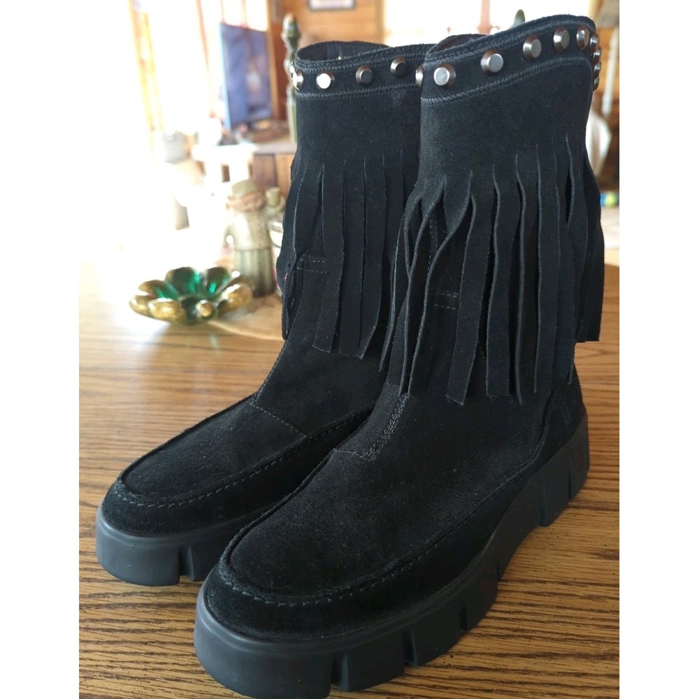 GEOX Respira Black Suede Boots Heel Platform Fringe Pull On US Size 8 EU 38